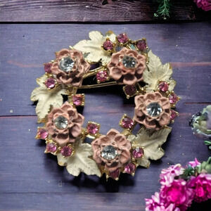 Vintage Pink and Cream Enameled Wreath Brooch